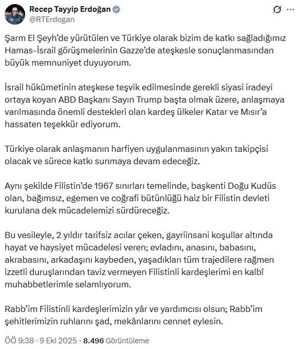 Erdoğan'dan Gazze'deki ateşkese ilk yorum! 2 ülkeye teşekkür etti