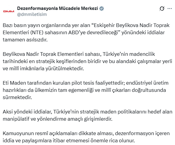 İletişim Başkanlığı'ndan nadir elementler için ABD'li görüşme yapıldığı iddiasına yalanlama